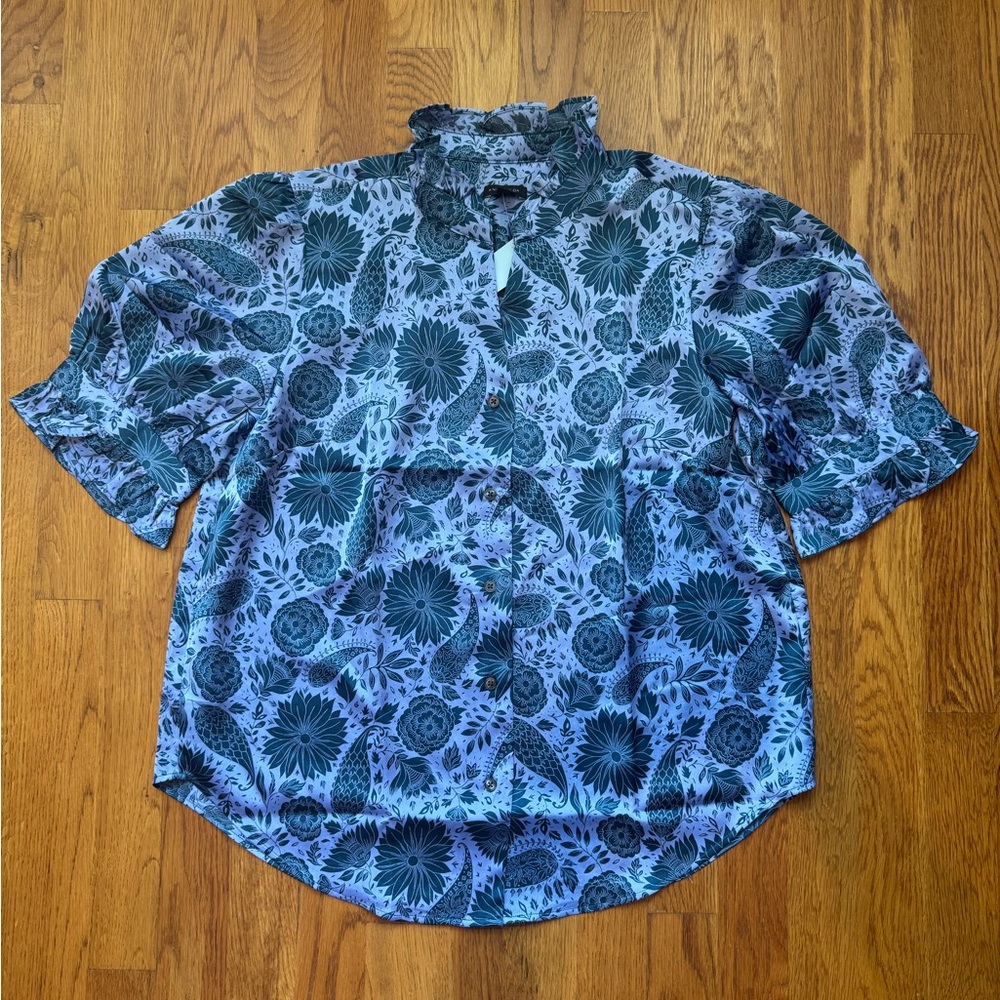 🔖NWT! | Ann Taylor Ruffle Collar Shirt in Teal Floral | Size MP